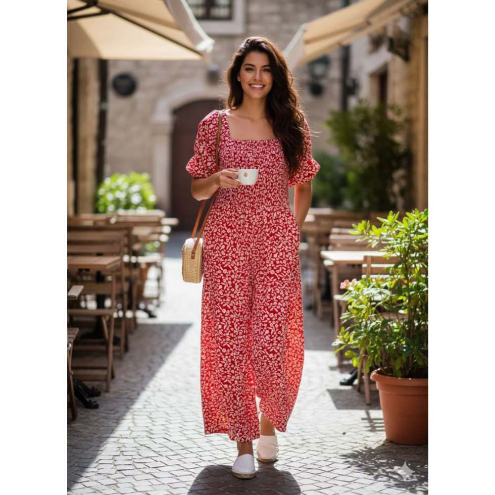 SHEIN CURVE Red & White Floral capri Jumpsuit 4X Cottagecore milkmaid